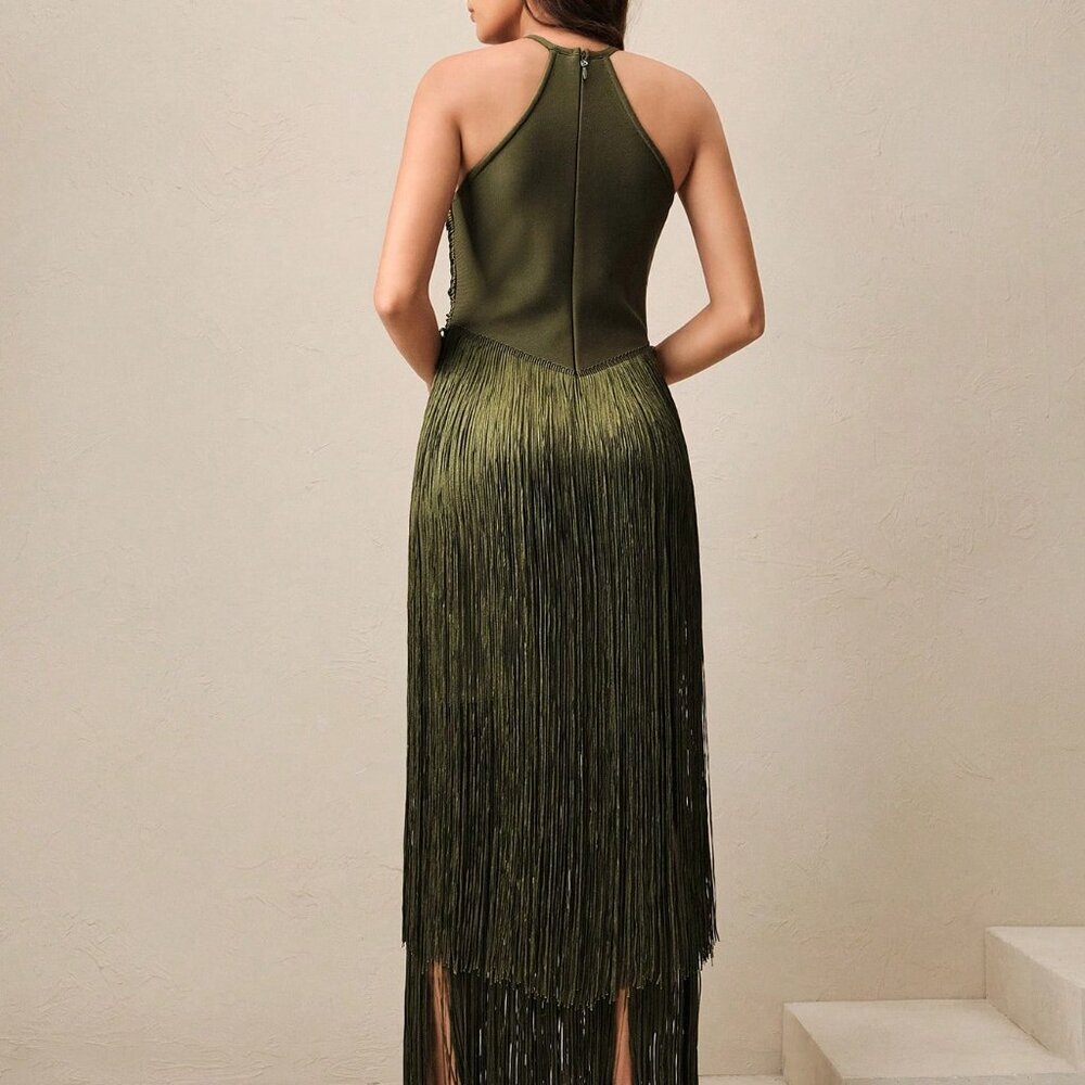 Army Green Bohemian Women's Elegant Tassel Maxi Dress - Picture 2 of 7